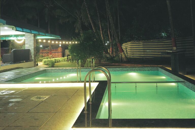 Megh Villa, Alibag: The pool at night with its edge lights on